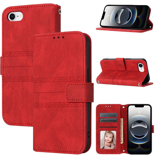 iPhone 16e Embossed Stripes Skin Feel Leather Phone Case - Red