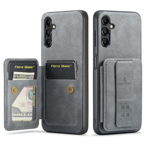 Samsung Galaxy A55 5G Fierre Shann Oil Wax Cow Leather Card Holder Back Phone Case - Grey Samsung Galaxy A55 5G Fierre Shann Oil Wax Cow Leather Card Holder Back Phone Case - Grey