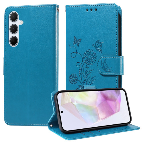 Samsung Galaxy A36 5G / A56 5G Embossed Butterfly Flowers Leather Phone Case - Blue