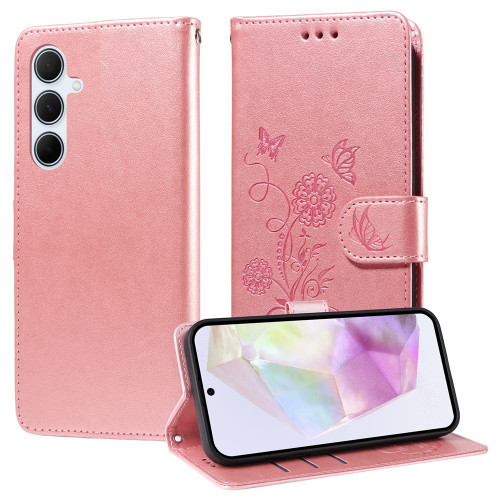 Samsung Galaxy A36 5G / A56 5G Embossed Butterfly Flowers Leather Phone Case - Rose Gold