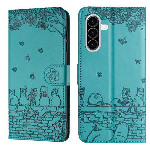 Samsung Galaxy A36 5G Cat Embossing Pattern Leather Phone Case with Lanyard - Blue