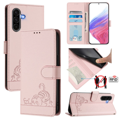 Samsung Galaxy A36 5G Cat Rat Embossed Pattern RFID Leather Phone Case with Lanyard - Pink