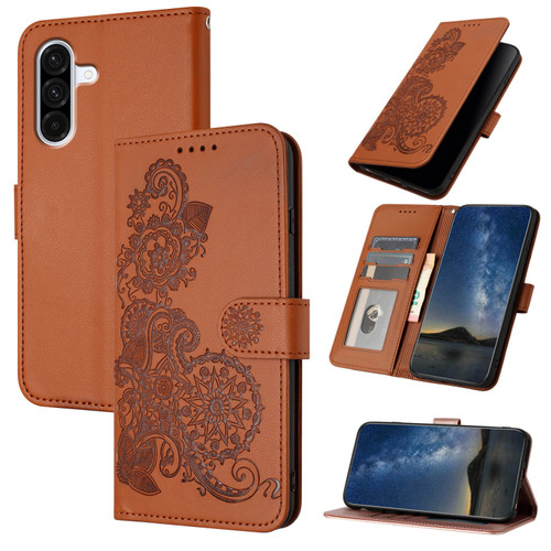 Samsung Galaxy A36 5G Datura Flower Embossed Flip Leather Phone Case - Brown