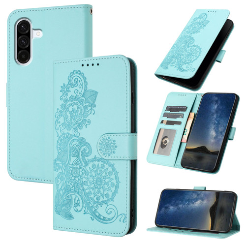 Samsung Galaxy A36 5G Datura Flower Embossed Flip Leather Phone Case - Light Blue