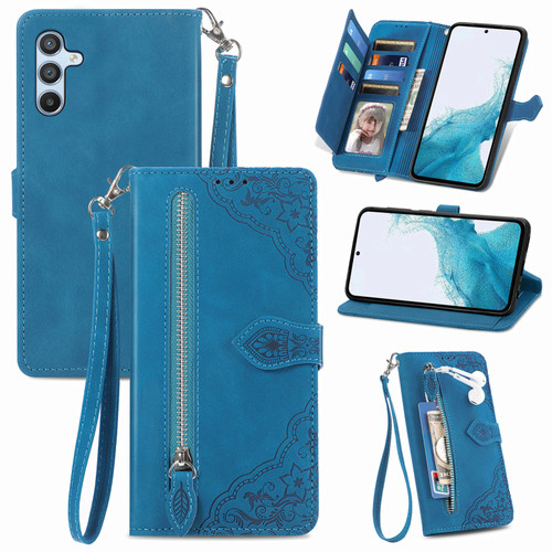 Samsung Galaxy A36 5G Embossed Flower Zipper Leather Phone Case - Blue