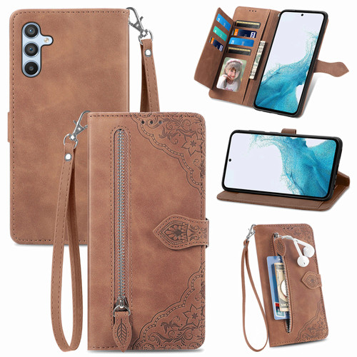 Samsung Galaxy A36 5G Embossed Flower Zipper Leather Phone Case - Brown