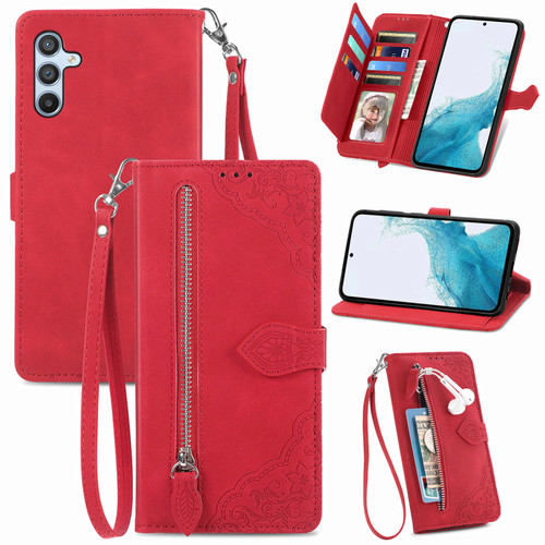 Samsung Galaxy A36 5G Embossed Flower Zipper Leather Phone Case - Red