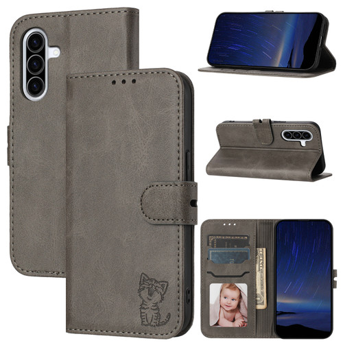 Samsung Galaxy A36 5G Embossed Happy Cat Pattern Flip Leather Phone Case - Grey