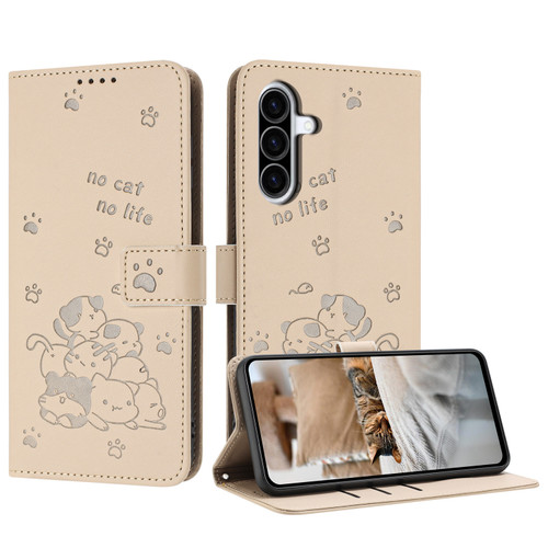 Samsung Galaxy A36 5G Embossed Kitten Phone Leather Case with Lanyard - Beige Samsung Galaxy A36 5G Embossed Kitten Phone Leather Case with Lanyard - Beige