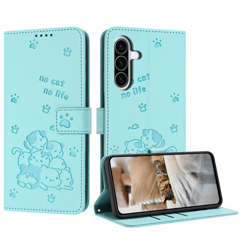 Samsung Galaxy A36 5G Embossed Kitten Phone Leather Case with Lanyard - Mint Green