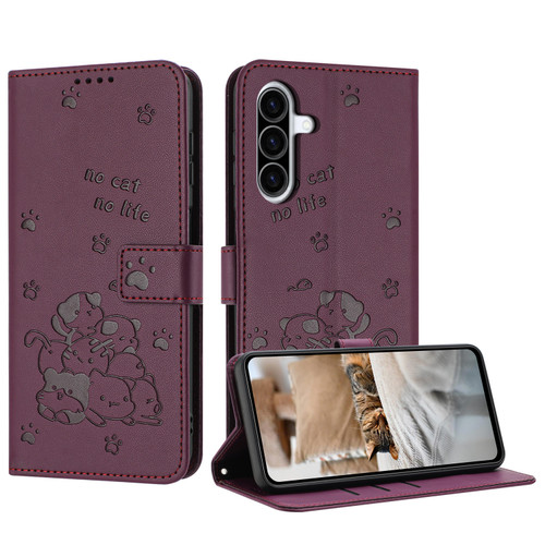 Samsung Galaxy A36 5G Embossed Kitten Phone Leather Case with Lanyard - Wine Red