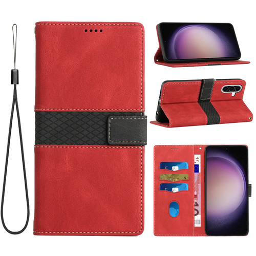 Samsung Galaxy A36 5G Grid Stitching Leather Phone Case with Lanyard - Red