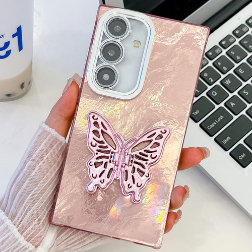Samsung Galaxy A36 5G Plating Glitter Texture Butterfly Holder TPU Phone Case with Lens Film - Pink Tinfoil Texture