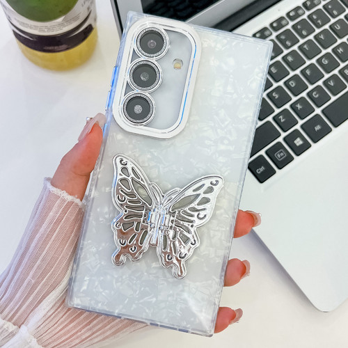 Samsung Galaxy A36 5G Plating Glitter Texture Butterfly Holder TPU Phone Case with Lens Film - White Shell Pattern
