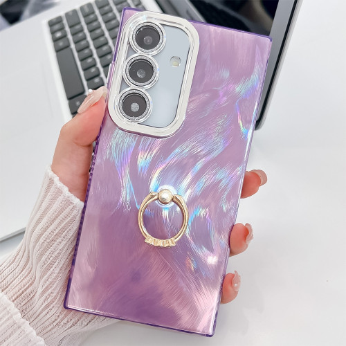 Samsung Galaxy A36 5G Plating Glitter Texture Ring Holder TPU Phone Case with Lens Film - Purple Feather Yarn