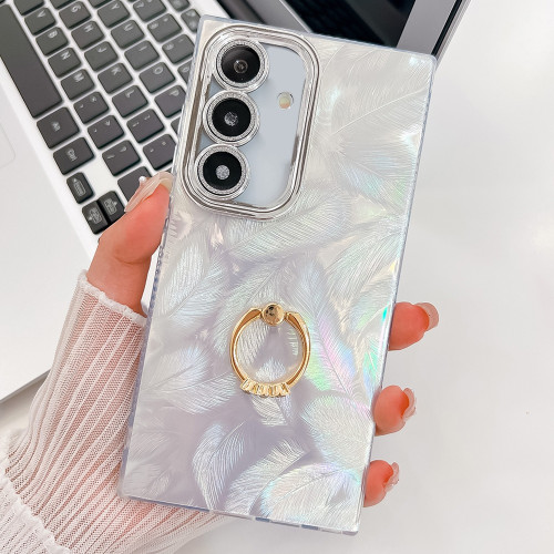 Samsung Galaxy A36 5G Plating Glitter Texture Ring Holder TPU Phone Case with Lens Film - White Feathers