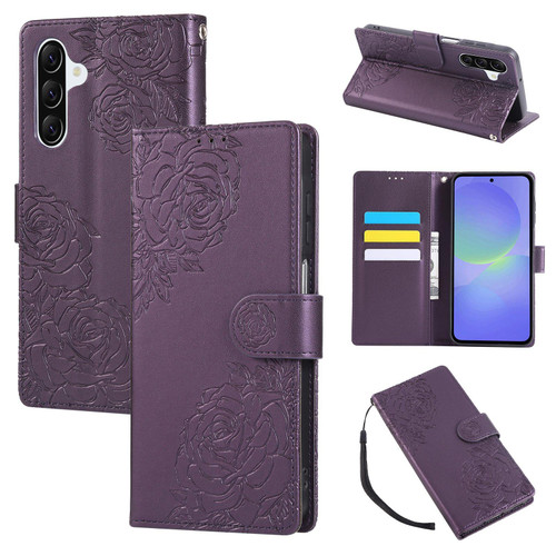 Samsung Galaxy A36 5G Rose Flower Embossed 3-Card Slots Leather Phone Case - Deep Purple