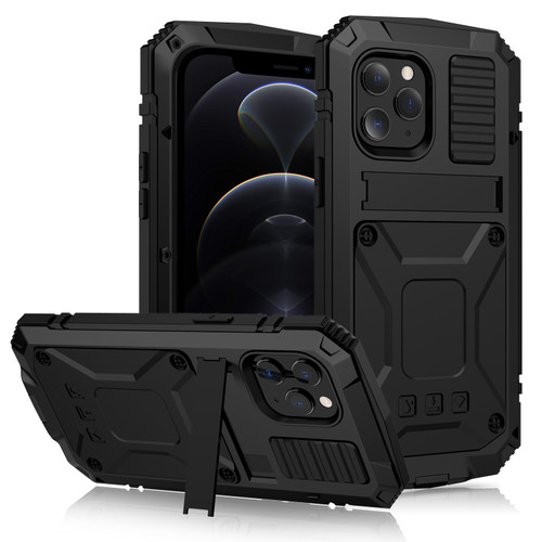 iPhone 12 / 12 Pro R-JUST Shockproof Water Resistant Dust-proof Metal + Silicone Protective Case with Holder - Black