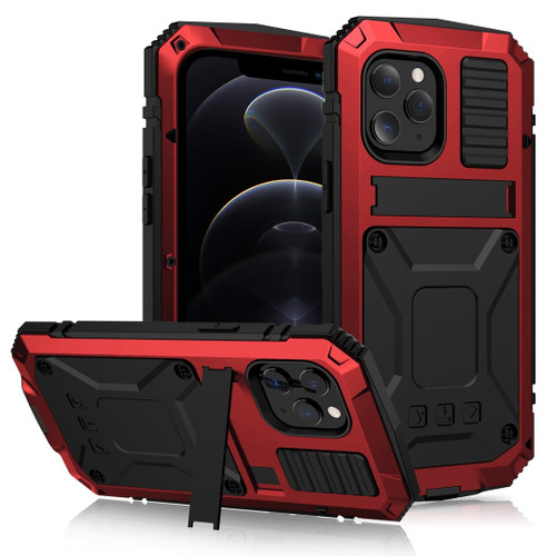 iPhone 12 / 12 Pro R-JUST Shockproof Water Resistant Dust-proof Metal + Silicone Protective Case with Holder - Red