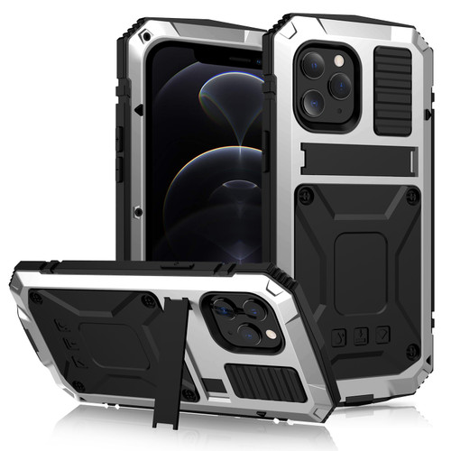 iPhone 12 / 12 Pro R-JUST Shockproof Water Resistant Dust-proof Metal + Silicone Protective Case with Holder - Silver