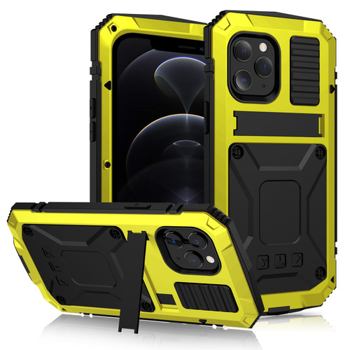 iPhone 12 / 12 Pro R-JUST Shockproof Water Resistant Dust-proof Metal + Silicone Protective Case with Holder - Yellow