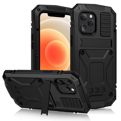iPhone 12 mini R-JUST Shockproof Water Resistant Dust-proof Metal + Silicone Protective Case with Holder - Black