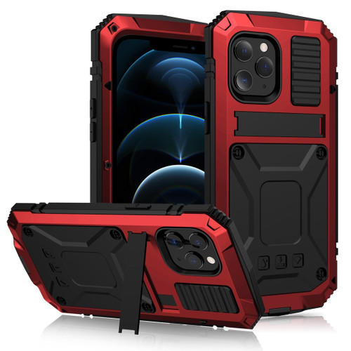 iPhone 12 Pro Max R-JUST Shockproof Water Resistant Dust-proof Metal + Silicone Protective Case with Holder - Red