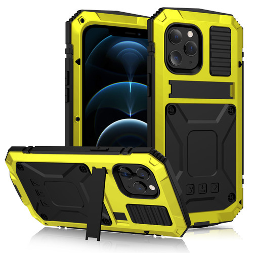iPhone 12 Pro Max R-JUST Shockproof Water Resistant Dust-proof Metal + Silicone Protective Case with Holder - Yellow
