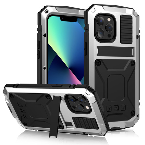 iPhone 13 mini R-JUST Shockproof Water Resistant Dust-proof Metal + Silicone Protective Case with Holder - Silver