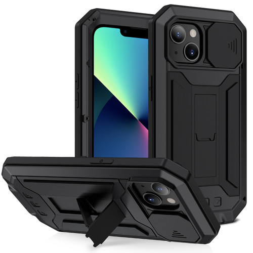 iPhone 13 mini R-JUST Sliding Camera Shockproof Life Water Resistant Dust-proof Metal + Silicone Protective Case with Holder - Black