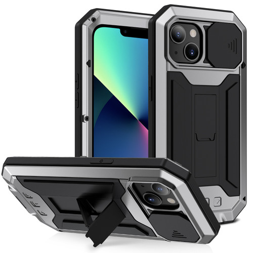 iPhone 13 mini R-JUST Sliding Camera Shockproof Life Water Resistant Dust-proof Metal + Silicone Protective Case with Holder - Silver