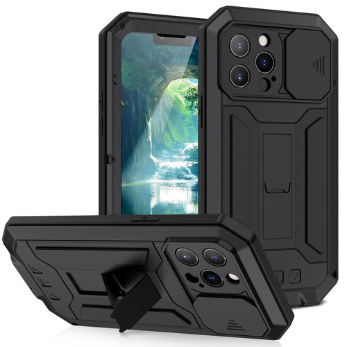 iPhone 13 Pro Max R-JUST Sliding Camera Shockproof Life Water Resistant Dust-proof Metal + Silicone Protective Case with Holder - Black