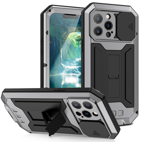 iPhone 13 Pro Max R-JUST Sliding Camera Shockproof Life Water Resistant Dust-proof Metal + Silicone Protective Case with Holder - Silver