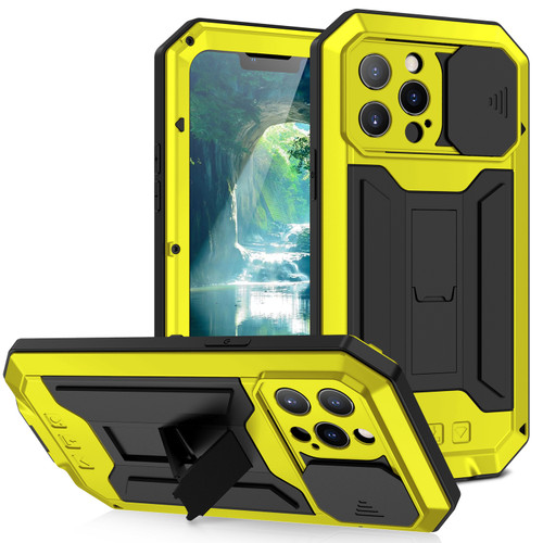 iPhone 13 Pro Max R-JUST Sliding Camera Shockproof Life Water Resistant Dust-proof Metal + Silicone Protective Case with Holder - Yellow