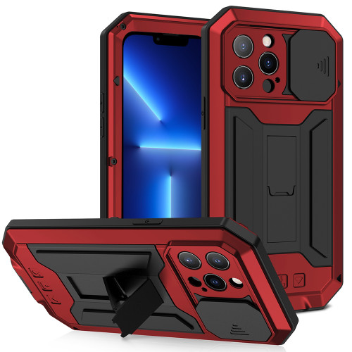 iPhone 13 Pro R-JUST Sliding Camera Shockproof Life Water Resistant Dust-proof Metal + Silicone Protective Case with Holder - Red