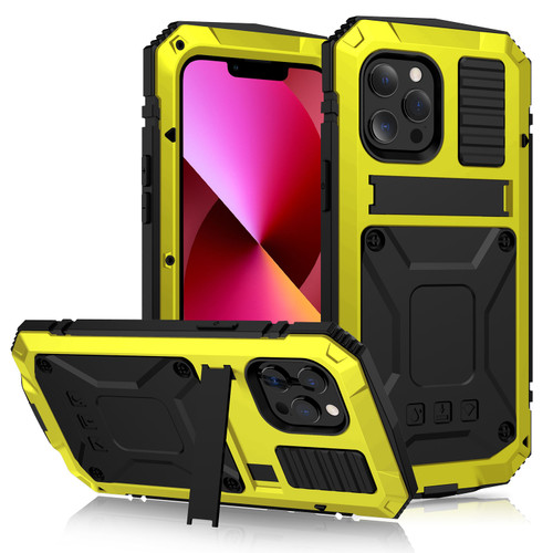 iPhone 13 R-JUST Shockproof Water Resistant Dust-proof Metal + Silicone Protective Case with Holder - Yellow