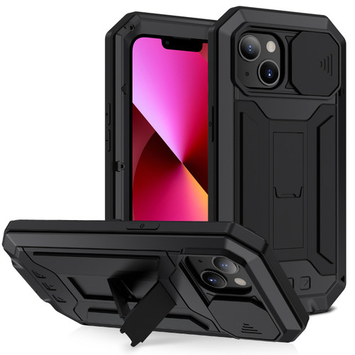 iPhone 13 R-JUST Sliding Camera Shockproof Life Water Resistant Dust-proof Metal + Silicone Protective Case with Holder - Black
