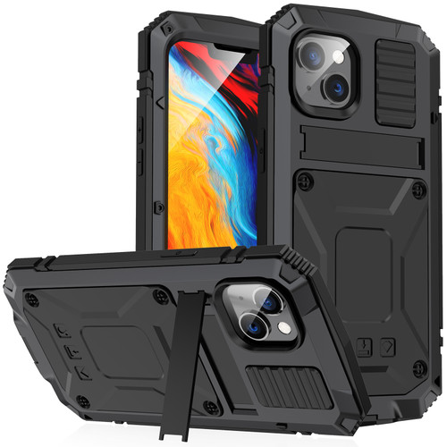 iPhone 14 Plus R-JUST Shockproof Water Resistant Dust-proof Case with Holder - Black
