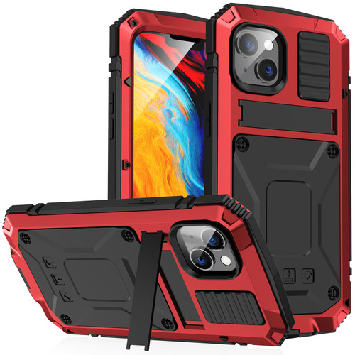 iPhone 14 R-JUST Shockproof Water Resistant Dust-proof Case with Holder - Red