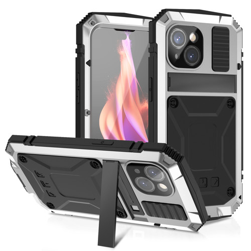 iPhone 15 Plus R-JUST Shockproof Life Water Resistant Dust-proof Metal + Silicone Phone Case with Holder - Silver