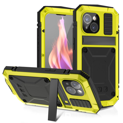 iPhone 15 Plus R-JUST Shockproof Life Water Resistant Dust-proof Metal + Silicone Phone Case with Holder - Yellow