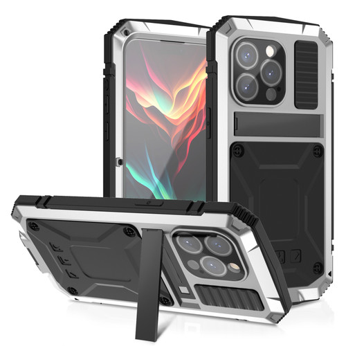 iPhone 15 Pro Max R-JUST Shockproof Life Water Resistant Dust-proof Metal + Silicone Phone Case with Holder - Silver