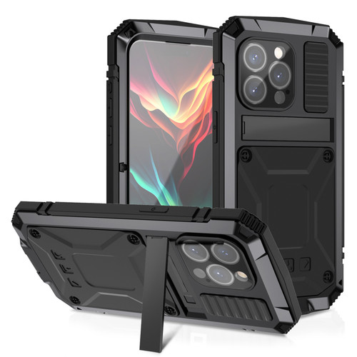 iPhone 15 Pro R-JUST Shockproof Life Water Resistant Dust-proof Metal + Silicone Phone Case with Holder - Black
