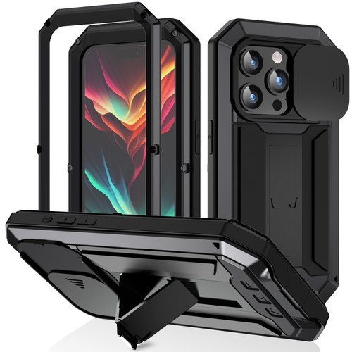 iPhone 15 Pro R-JUST Sliding Camera IP54 Life Water Resistant Holder Phone Case - Black