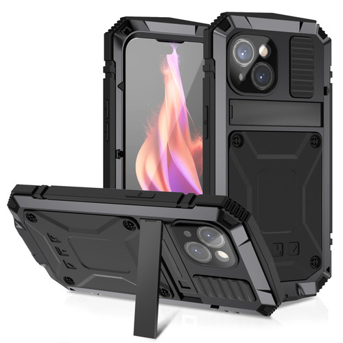 iPhone 15 R-JUST Shockproof Life Water Resistant Dust-proof Metal + Silicone Phone Case with Holder - Black