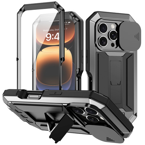 iPhone 16 Pro R-JUST Sliding Camera IP54 Life Water Resistant Holder Phone Case - Black