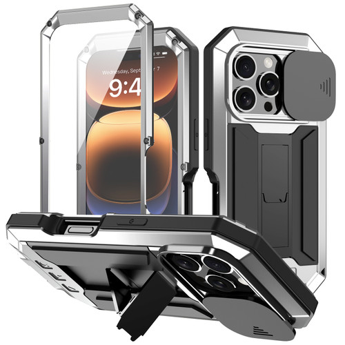 iPhone 16 Pro R-JUST Sliding Camera IP54 Life Water Resistant Holder Phone Case - Silver