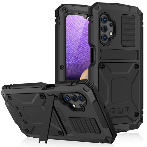 Samsung Galaxy A32 5G / M32 5G R-JUST Water Resistant Shockproof Dustproof Metal + Silicone Protective Case with Holder - Black
