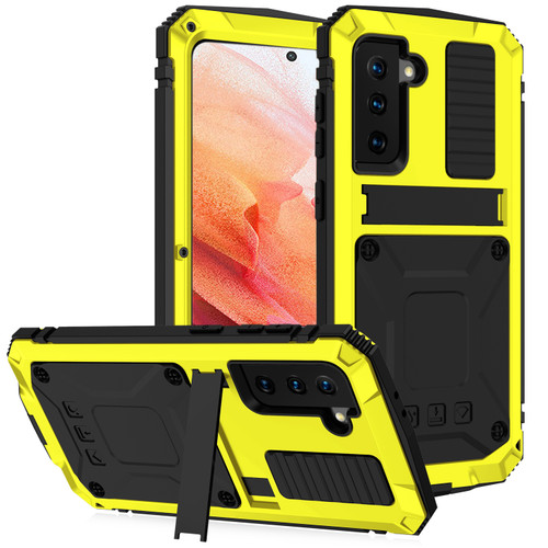 Samsung Galaxy S21 5G R-JUST Shockproof Water Resistant Dust-proof Metal + Silicone Protective Case with Holder - Yellow