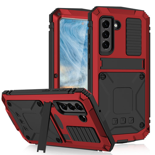 Samsung Galaxy S21 FE R-JUST Shockproof Water Resistant Dust-proof Metal + Silicone Protective Case with Holder - Red